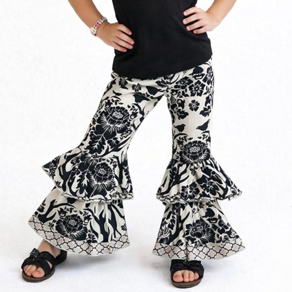 Ann Loren Bell Bottom Pants Girls 6 Black White Boho Ruffle Cotton Retro Floral